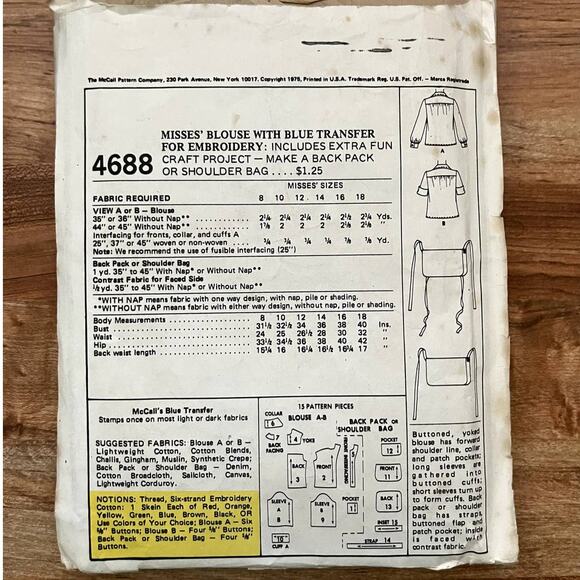 Vintage 1970s McCalls 4688 Sewing Pattern Size 18 Top & Backpack Purse COMPLETE - Picture 2 of 2